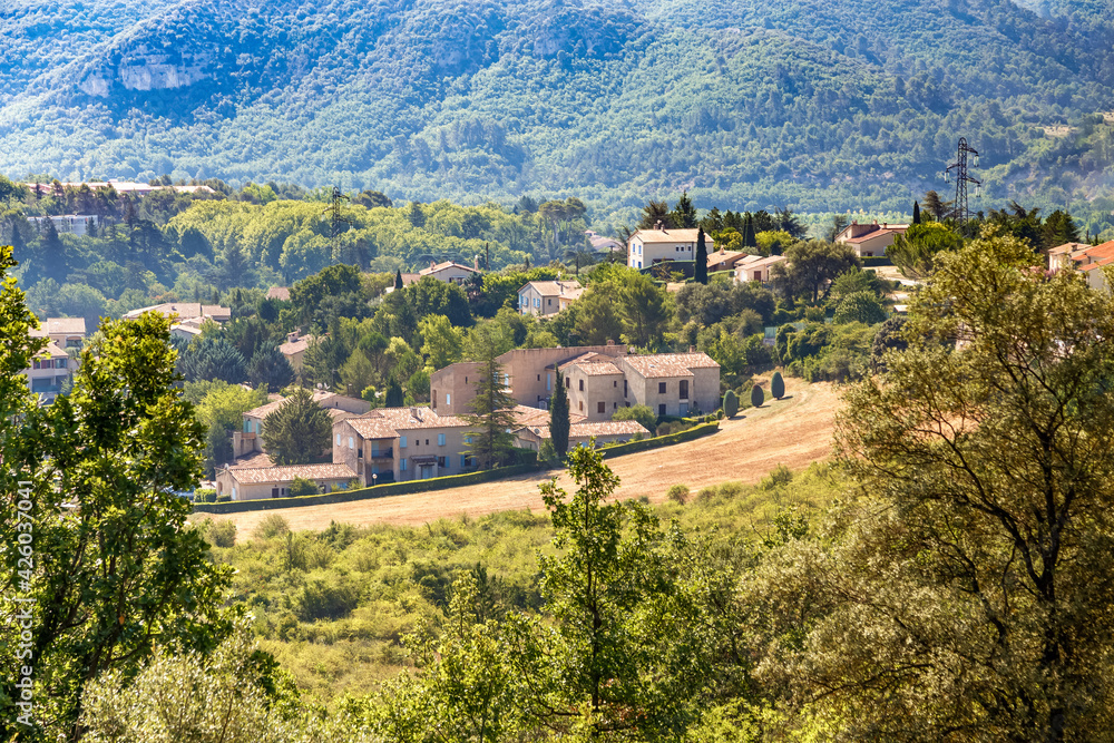 View of the village in the mountains in Provence, France. Rural landscape.