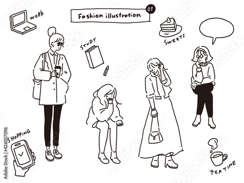 オシャレなファッションイラスト、ラフな白黒の線画
fashion illustration vector