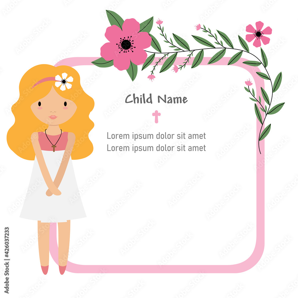 My first communion card. Girl with flower frame. My first communion card. Girl with flower frame.
