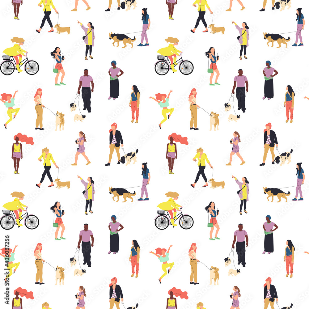 Seamless pattern with many walking and standing people in summer clothes. On white background. Seamless pattern with many walking and standing people in summer clothes. On white background.