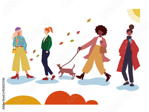 町を歩くお洒落な人達
Crowd of tiny people dressed in autumn clothes or outerwear walking on street and performing outdoor activities. Group of men and women isolated on white background. 