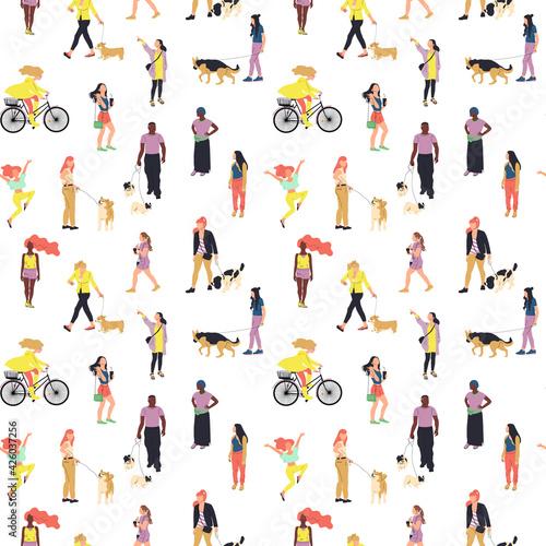Seamless pattern with many walking and standing people in summer clothes. On white background.