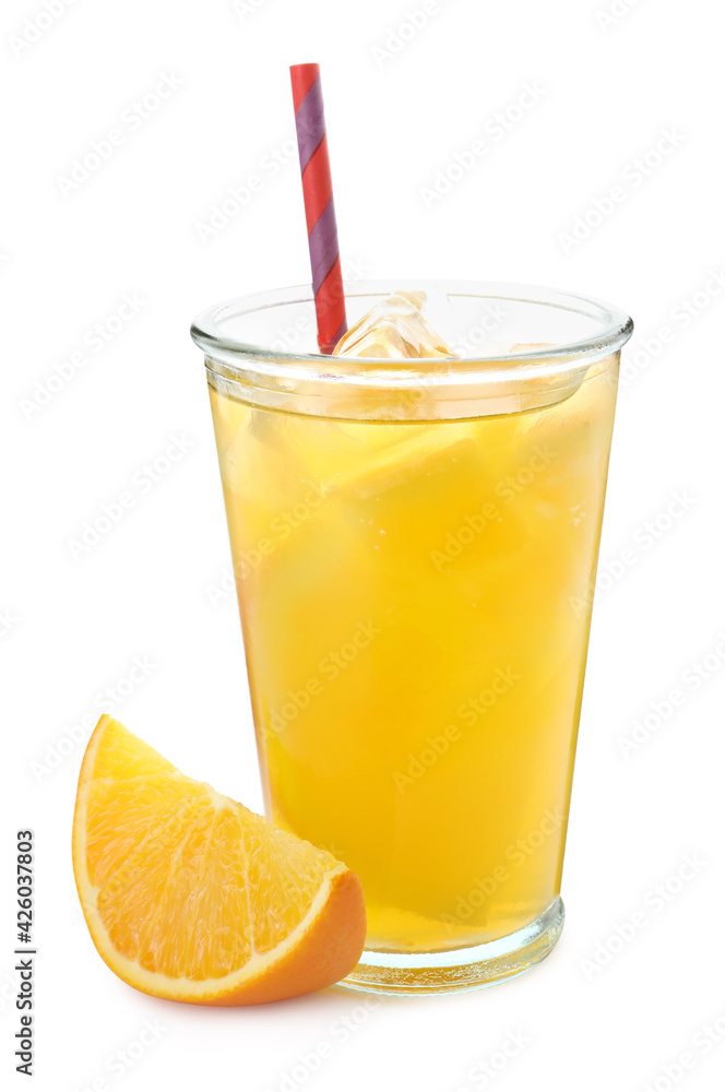 Delicious orange soda water and fresh fruit on white background Delicious orange soda water and fresh fruit on white background