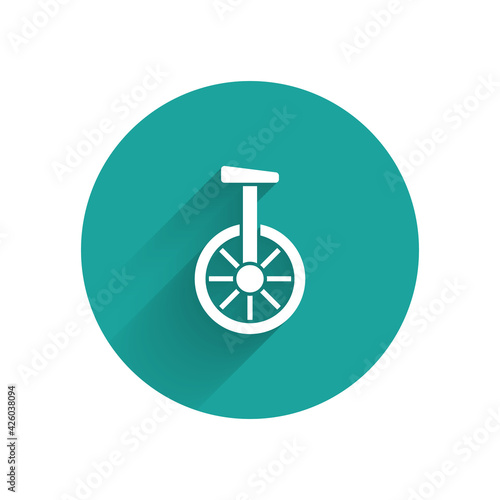 White Unicycle or one wheel bicycle icon isolated with long shadow. Monowheel bicycle. Green circle button. Vector