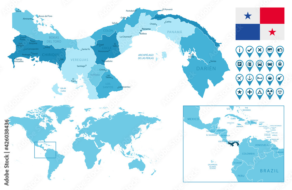 Panama detailed administrative blue map with country flag and location on the world map. Vector illustration