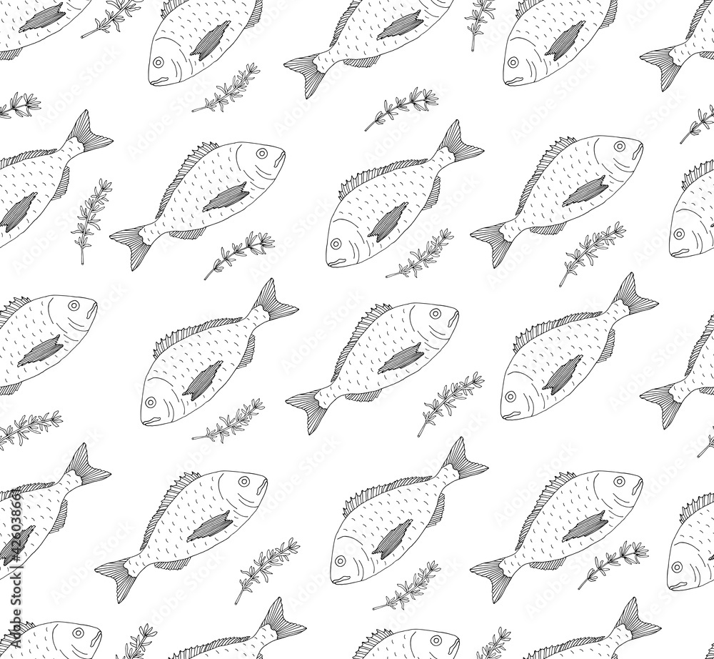 Obraz premium Seamless pattern, fish Dorado with greenery, hand drawn. Vector illustration.