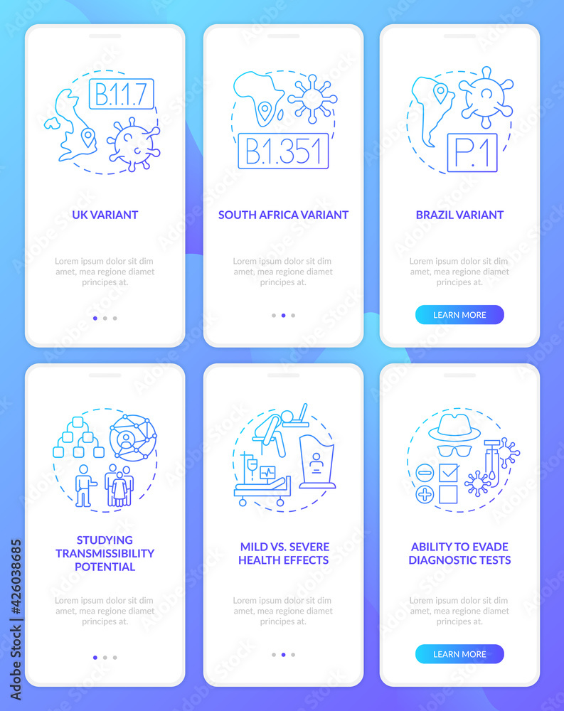 Virus mutations onboarding mobile app page screen with concepts. Covid treatment walkthrough 10 steps graphic instructions. UI, UX, GUI vector template with linear color illustrations
