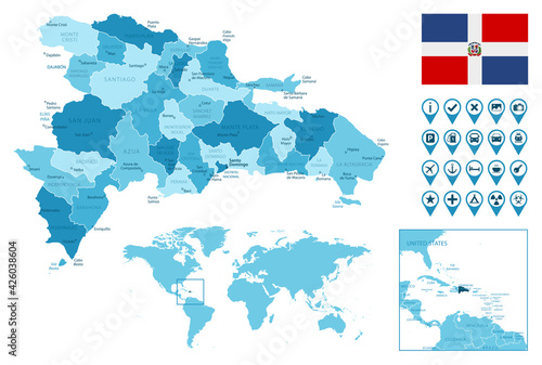 Dominican Republic detailed administrative blue map with country flag and location on the world map. Vector illustration