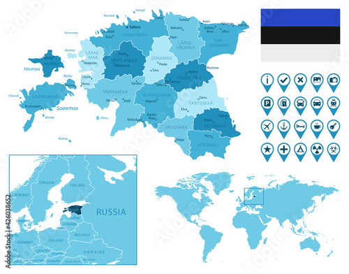 Estonia detailed administrative blue map with country flag and location on the world map. Vector illustration