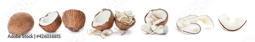 Collage of ripe coconuts with chips on white background