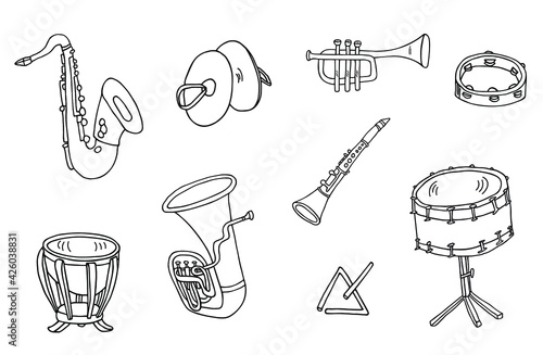 Saxophone, cymbals, tambourine, timpani, triangle, snare drum, tuba, clarinet and trumpet set. Hand drawn musical instruments vector icon collection.