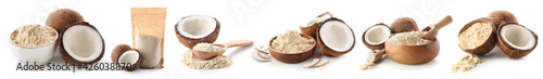 Collage of ripe coconuts with flour on white background