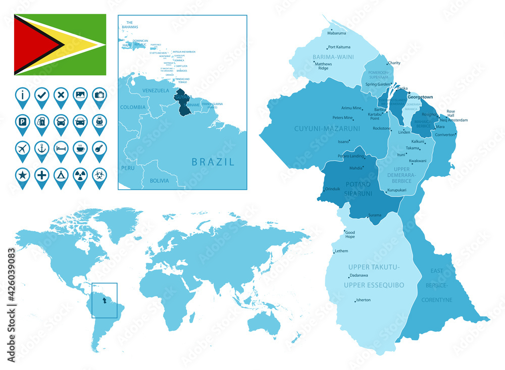 Obraz premium Guyana detailed administrative blue map with country flag and location on the world map. Vector illustration