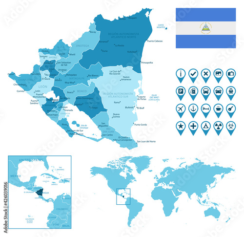 Nicaragua detailed administrative blue map with country flag and location on the world map. Vector illustration photo