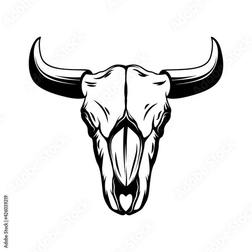 Illustration of buffalo skull in monochrome style. Wild west theme. Design element for logo, label, sign, emblem, poster. Vector illustration
