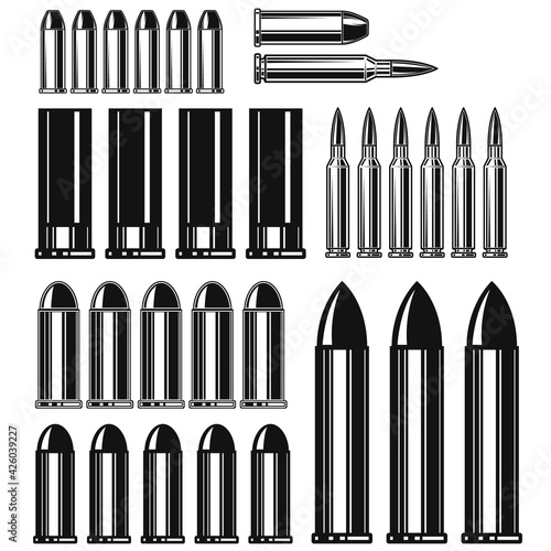 Set of Illustrations of bullets and cartridges in vintage monochrome style. Design element for logo, label, sign, emblem, poster. Vector illustration