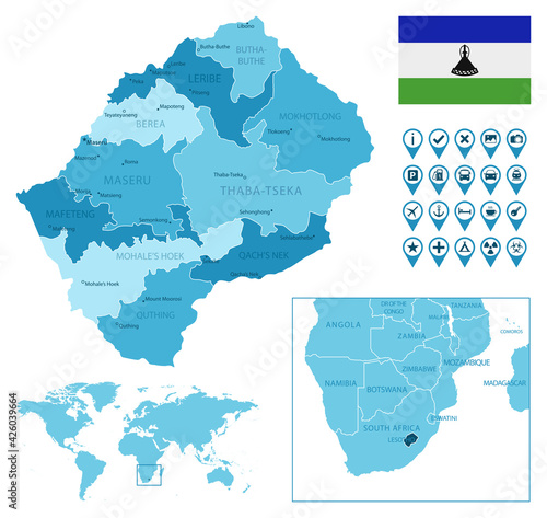 Lesotho detailed administrative blue map with country flag and location on the world map. Vector illustration