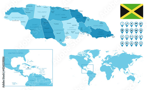 Jamaica detailed administrative blue map with country flag and location on the world map. Vector illustration