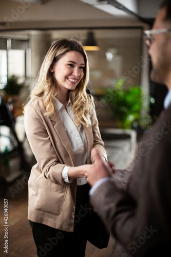 Businesswoman and businessman discussing work in office. Businessman and businesswoman handshake.