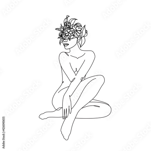 Woman head with flowers composition. Hand-drawn vector line-art illustration. One Line style drawing.