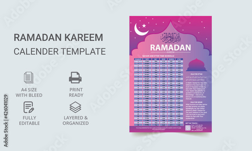 Ramadan Calendar. Ramadan Kareem Timing Calendar. Iftar and Prayer timetable.