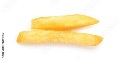 Tasty french fries on white background