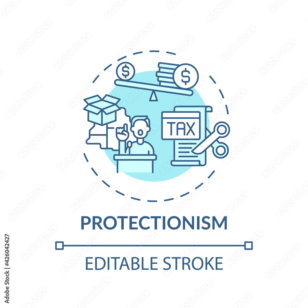 Protectionism concept icon. Tariffs and quotas idea thin line illustration. Import-competing sector. Domestic industries support. Vector isolated outline RGB color drawing. Editable stroke