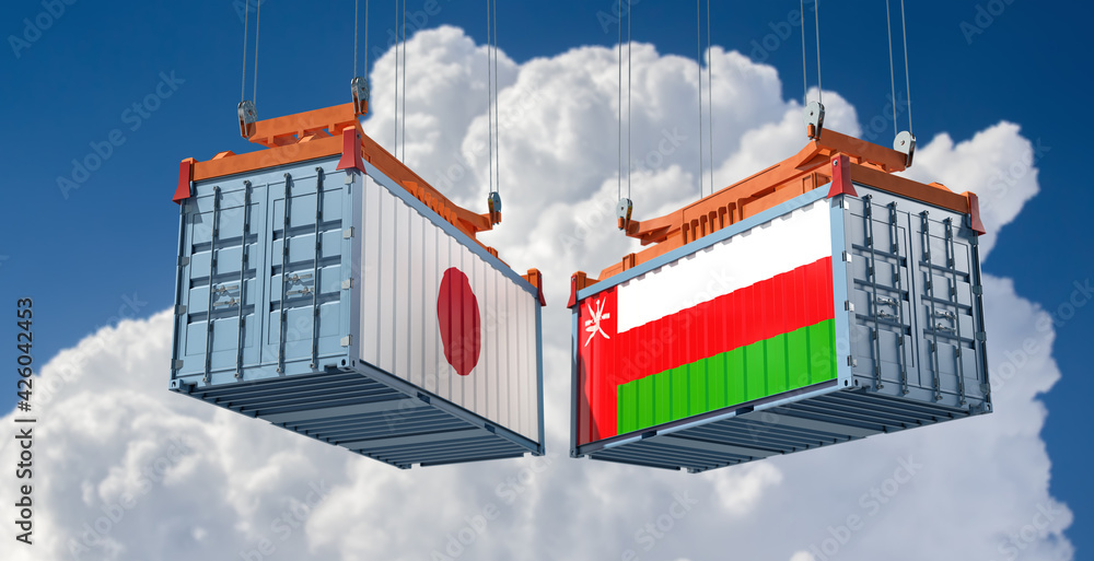 Freight containers with Oman and Japan flag. 3D Rendering 