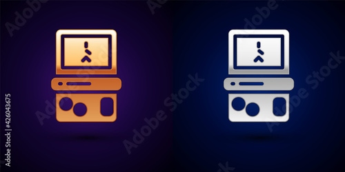 Gold and silver Portable tetris electronic game icon isolated on black background. Vintage style pocket brick game. Interactive playing device. Vector