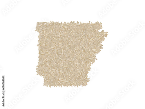 Map or boundary of Arkansas with white rice grains on a white isolated background. State export, production, supply, agricultural or health concept. photo