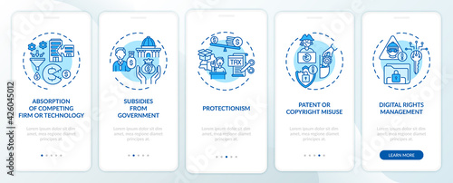 Anti-competitive policy onboarding mobile app page screen with concepts. Acquisition, subsides walkthrough 5 steps graphic instructions. UI, UX, GUI vector template with linear color illustrations