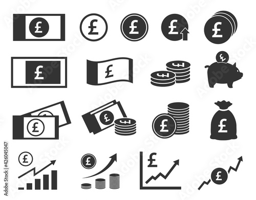 pound sterling coins and banknotes icons, British money signs set photo