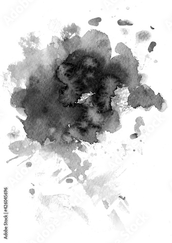 Watercolor background for textures. Abstract watercolor background. Spray paint, ink stains on the paper. Black, monochrome