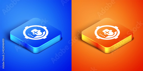 Isometric Headshot icon isolated on blue and orange background. Sniper and marksman is shooting on the head of man, lethal attack, assault and assassination. Square button. Vector