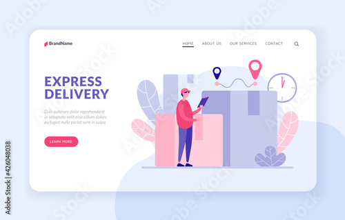 Express delivery landing page website banner template. Courier looks delivery route concept. Male character with tablet calculates time and number of customer orders