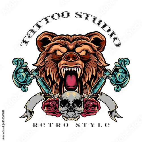 bear tattoo studio retro style illustration