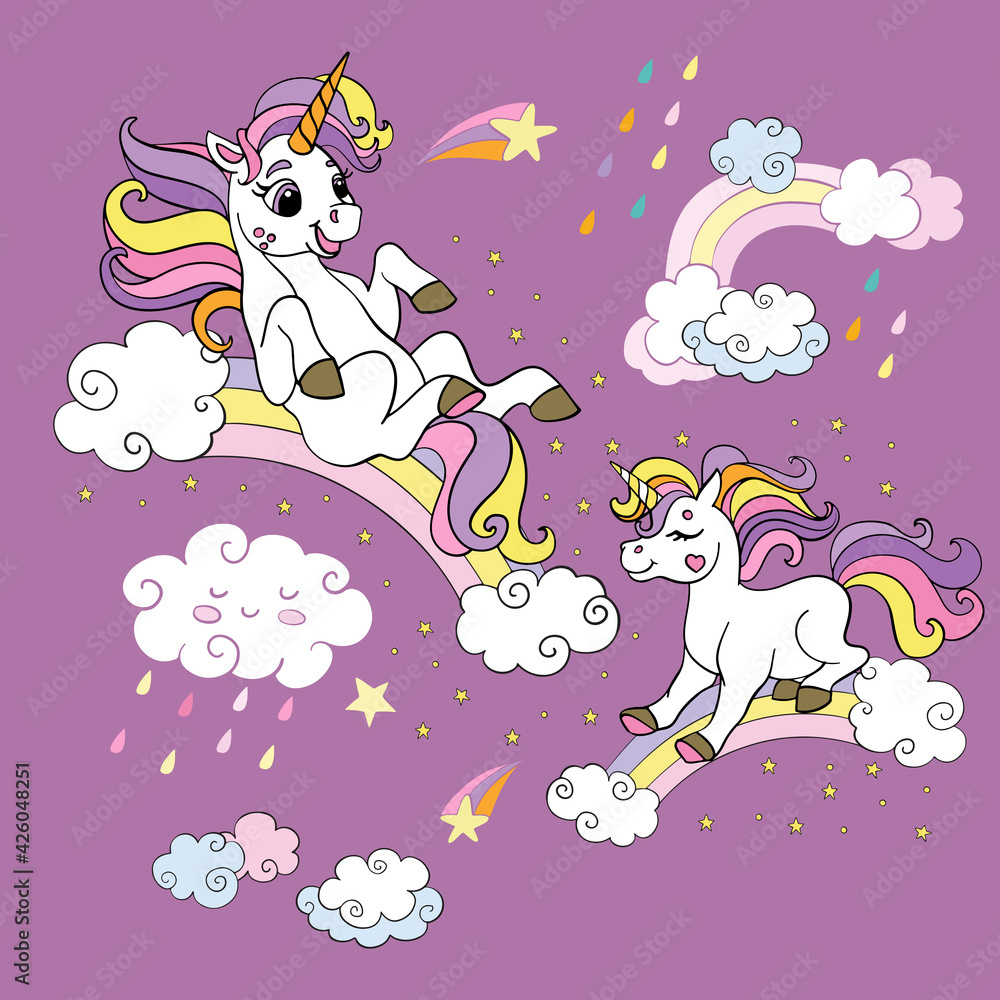 Two unicorns on the rainbow vector illustration