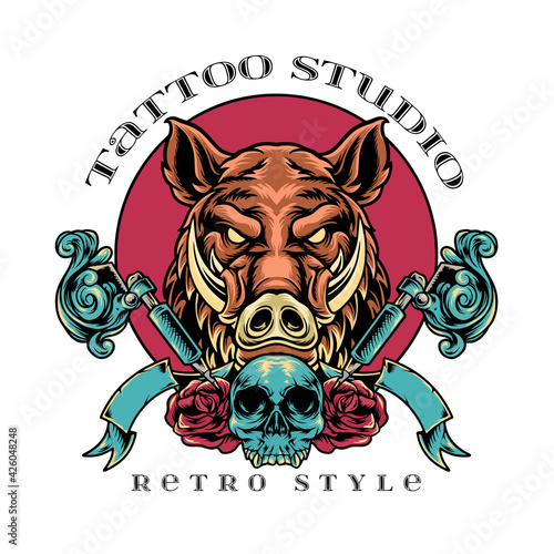 boar tattoo studio retro style illustration