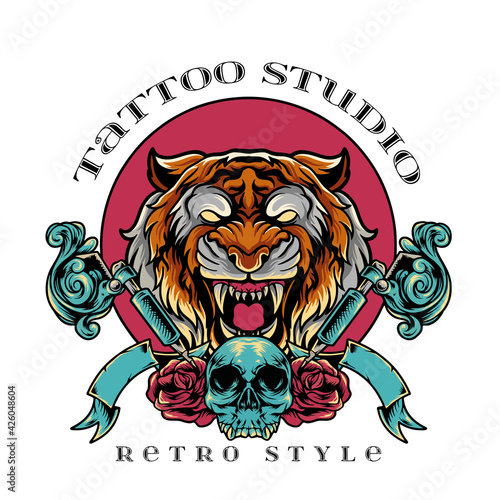 tiger tattoo studio retro style illustration