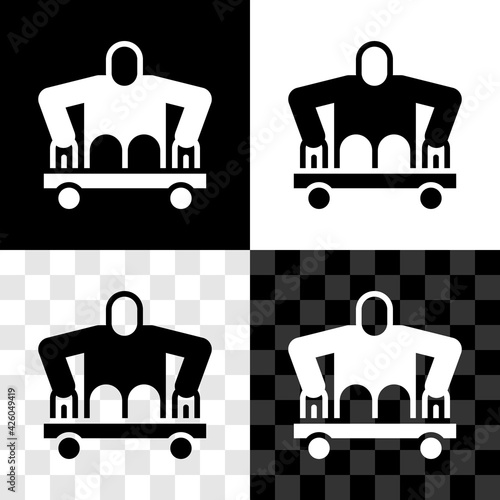 Set Man without legs sitting wheelchair icon isolated on black and white, transparent background. Disability concept. Guy with physical disabilities. Vector