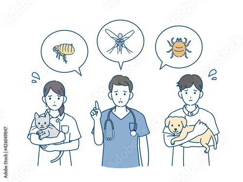 獣医　犬と猫の病気　害虫について説明する　イラスト素材