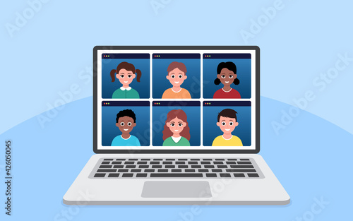 Online learning webinars from home via Teleconference Web Video Conference Call During Coronavirus COVID-19 Pandemic Outbreak Display on Screen. vector illustration.Editable