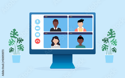 Online webinars from home via Teleconference Web Video Conference Call During Coronavirus COVID-19 Pandemic Outbreak Display on Screen. vector illustration.Editable