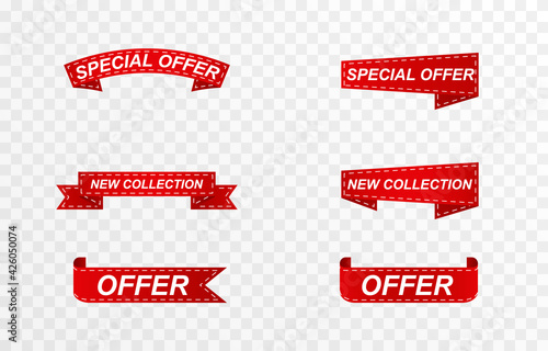Set of red ribbons, price tags, discounts. Discount offer, sale with red ribbon png. Vector image.