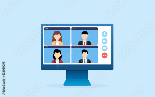 Online webinars from home via Teleconference Web Video Conference Call During Coronavirus COVID-19 Pandemic Outbreak Display on Screen. vector illustration.Editable