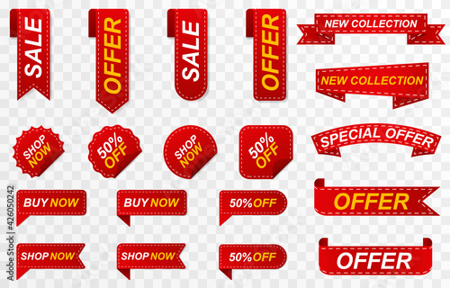 Set of red ribbons, price tags, discounts. Discount offer, sale with red ribbon png. Vector image.