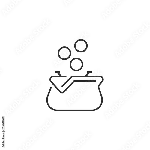 Opened purse with gold coins raining to open wallet. Related Vector Line Icon. Sign Isolated on the White Background. Editable Stroke EPS file. Vector illustration.