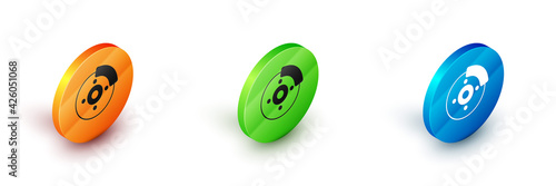 Isometric Car brake disk with caliper icon isolated on white background. Circle button. Vector