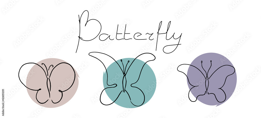 set of butterflies. Butterflies drawn in a single line. Children's illustration with a black outline with the addition of pastel colors. a set of butterflies drawn in a single line