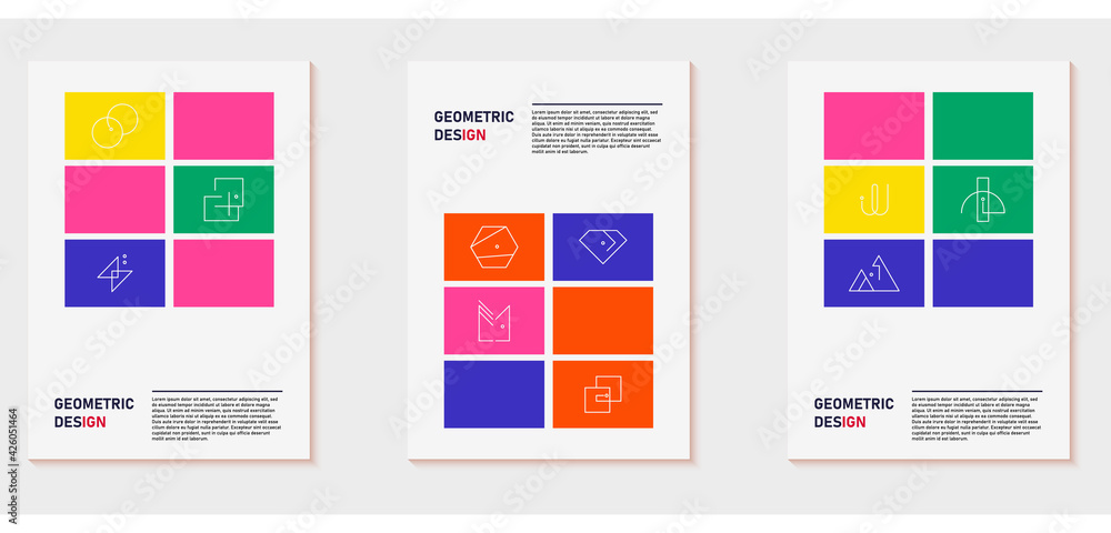 A set of three colorful aesthetic geometric backgrounds. Minimalistic posters for social media, cover design, web, card design. Vintage illustrations with stripes, shapes, semicircles, lines.